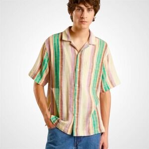 BDG Striped Short Sleeve Camp Collar Shirt Mens Size L Beige Green Purple Orange